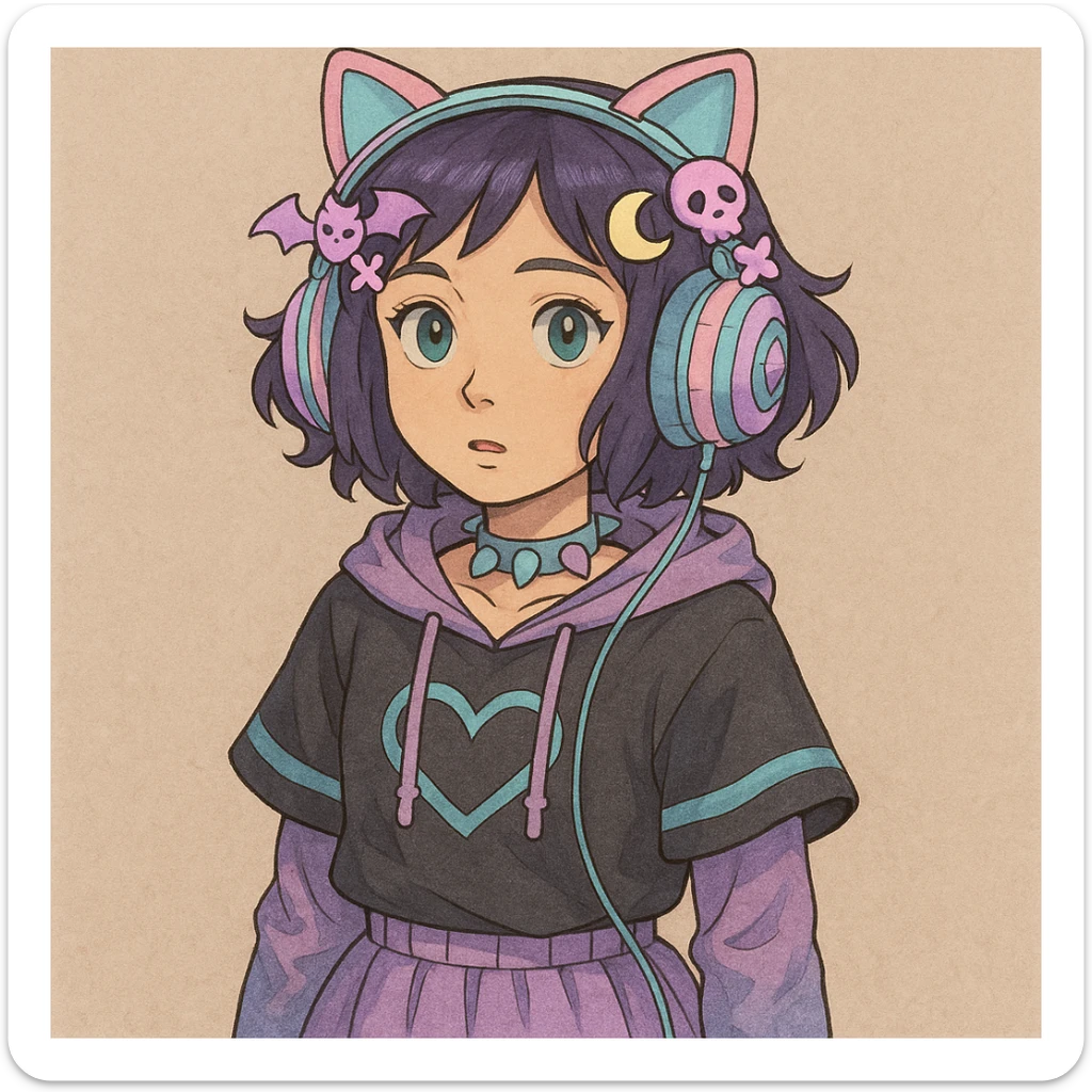 Add cute pastel goth hair clips to the cat ear headphones, keep the style and background as is. Maintain the original look and feel of the image. sticker