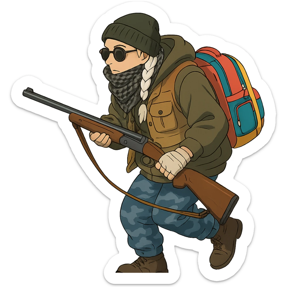 1 female, long white braid, knit cap, dark sunglasses, shemegh neckwrap, fishing vest, vibrant shool backpack, drab hoodie, handwraps, blue camo pants, Blaser Bbf-95, hunched over, on the move sticker