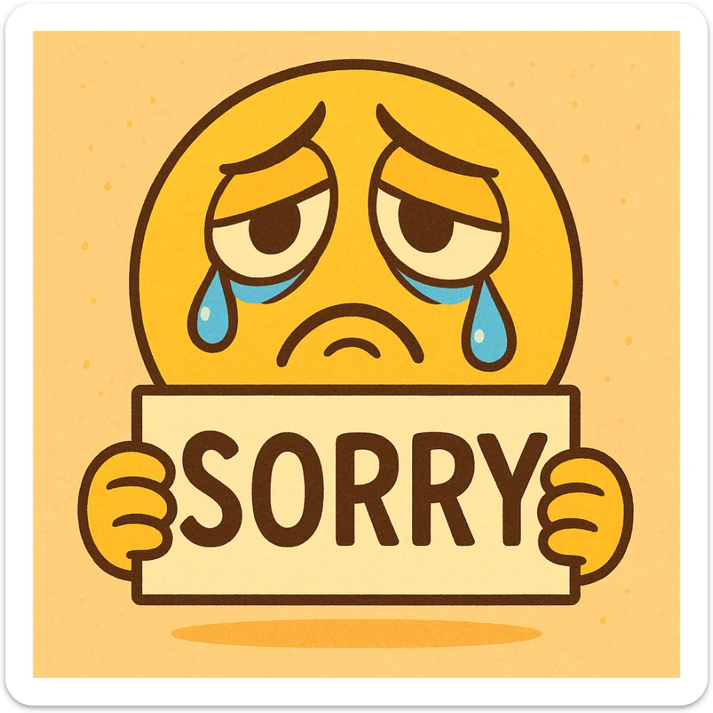 cartoonish sad face holding a 'sorry' sign, with teardrops and droopy eyes sticker