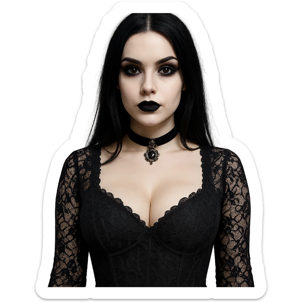 gothic girl with prominent bust, black lace dress, choker, dark lipstick, pale complexion sticker