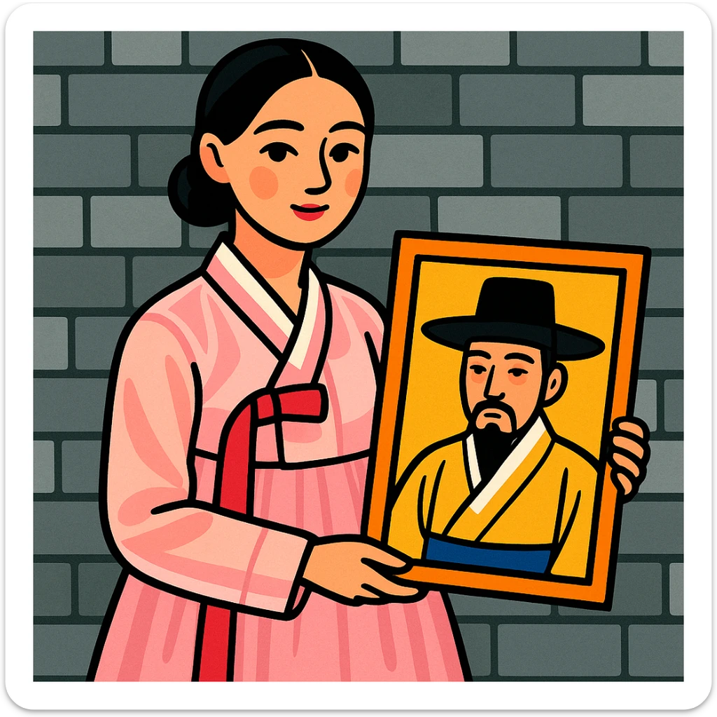a young woman in a pale pink, sheer hanbok holding a traditional Korean portrait in front of a grey stone wall, vibrant toon style sticker
