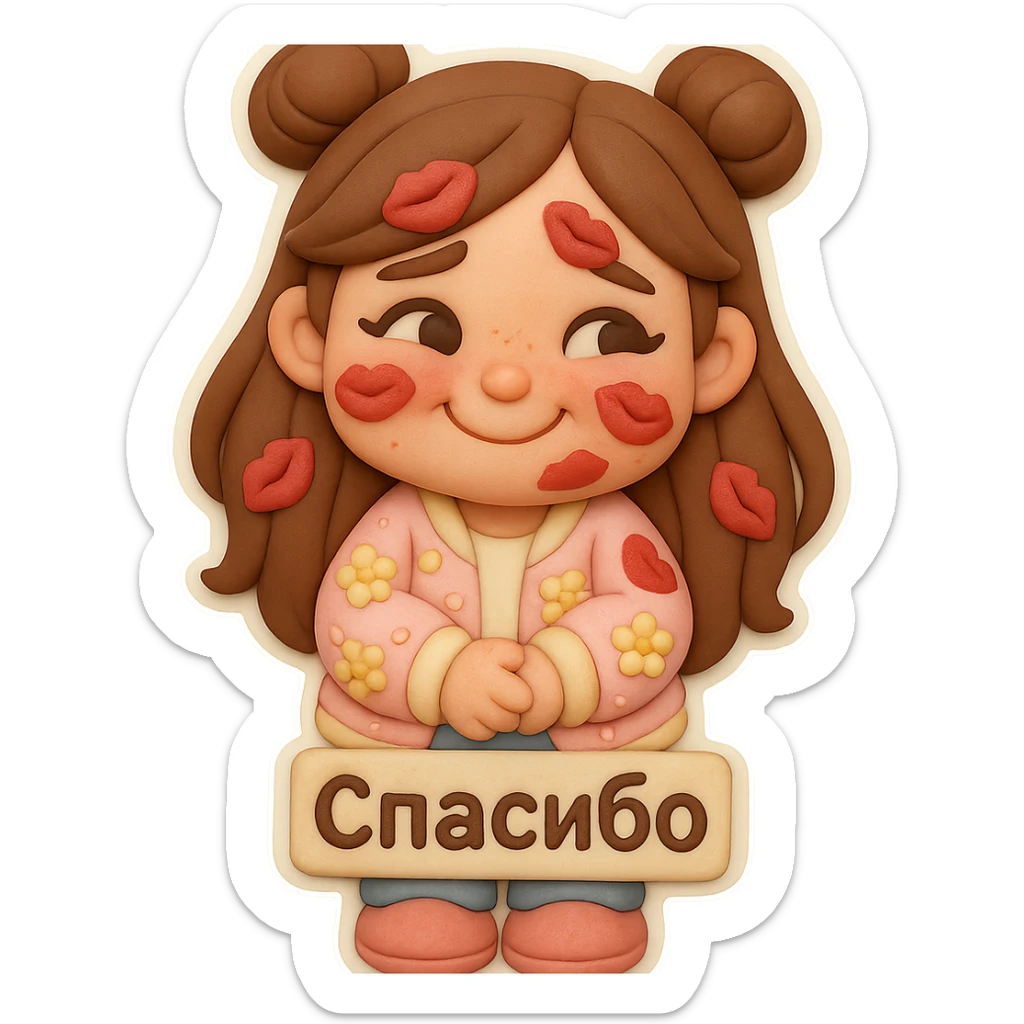Create a 3D chibi fondant cake art style sticker of a girl based on the reference image. Preserve facial features and eye shape exactly as in the reference. She has long brown hair styled in two space buns, brown eyes, and shoes matching the reference. The girl is standing, blushing all over from embarrassment, covered in kiss marks, with a sweet, kind, and bashful smile, looking genuinely touched. Add a thick white outline like a sticker and a transparent background. At the bottom of the sticker, include a sign that says 'Спасибо'. Ensure the face, hairstyle, eye shape, and shoes match the reference exactly. sticker