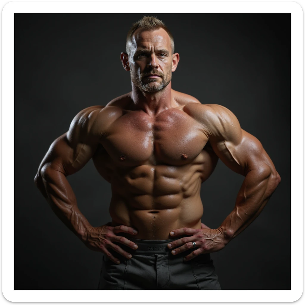 uomo in forma che intensifica i muscoli, posa da bodybuilder, iperrealismo 4K, variante 1 sticker