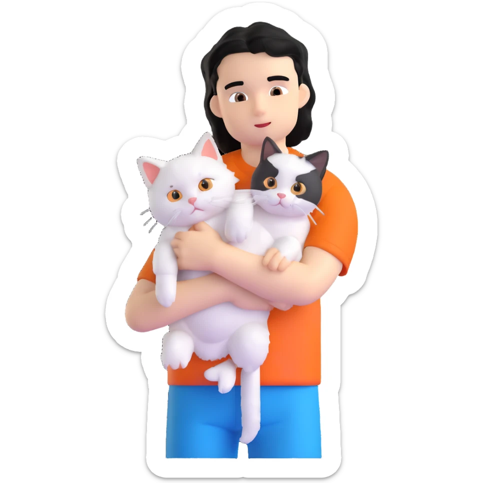 teenage boy with black hair wearing blue short sleeve shirt holding a white ragdoll cat sticker