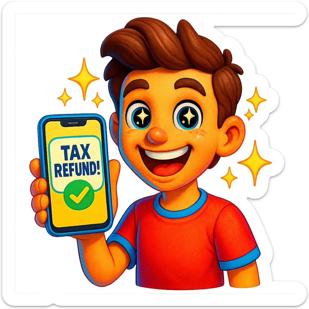 cheerful cartoon teenager holding a phone with 'Tax Refund!' notification, sparkling eyes, pop art colors, 3D emoji style, transparent background sticker