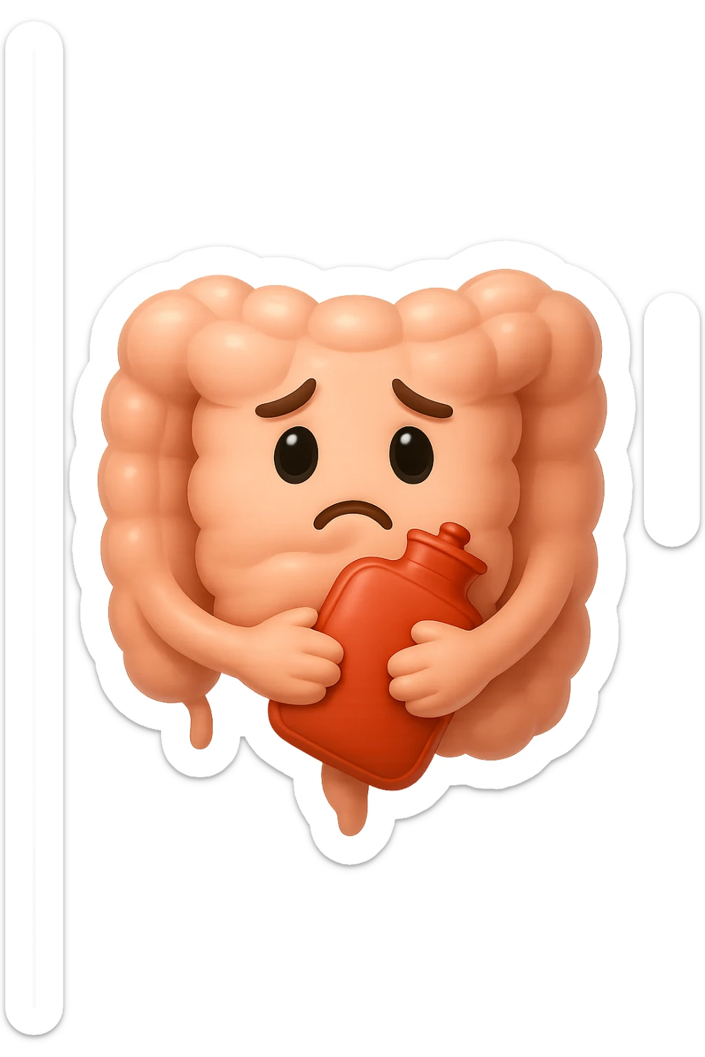 emoji stile iphone di un intestino che si tiene la borsa dell'acqua calda al centro, espressione di tristezza in volto, iperrealistico 4k sticker