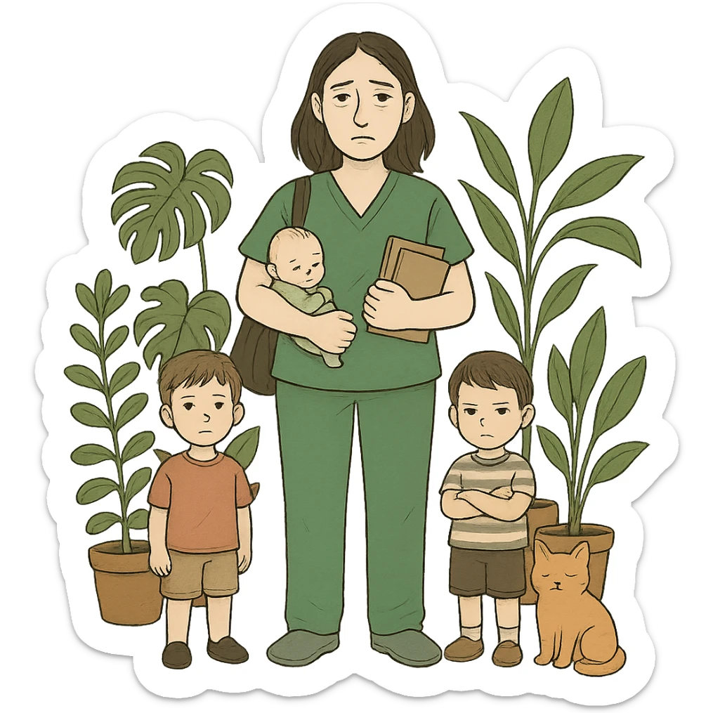 Edit the image to add two boys. The woman should be wearing Kelly green scrubs, with longer and darker hair. She should be tall and medium build, with pale skin, gray eyes, and a tired expression. Surround her with house plants and a cat. Remove the background entirely. sticker