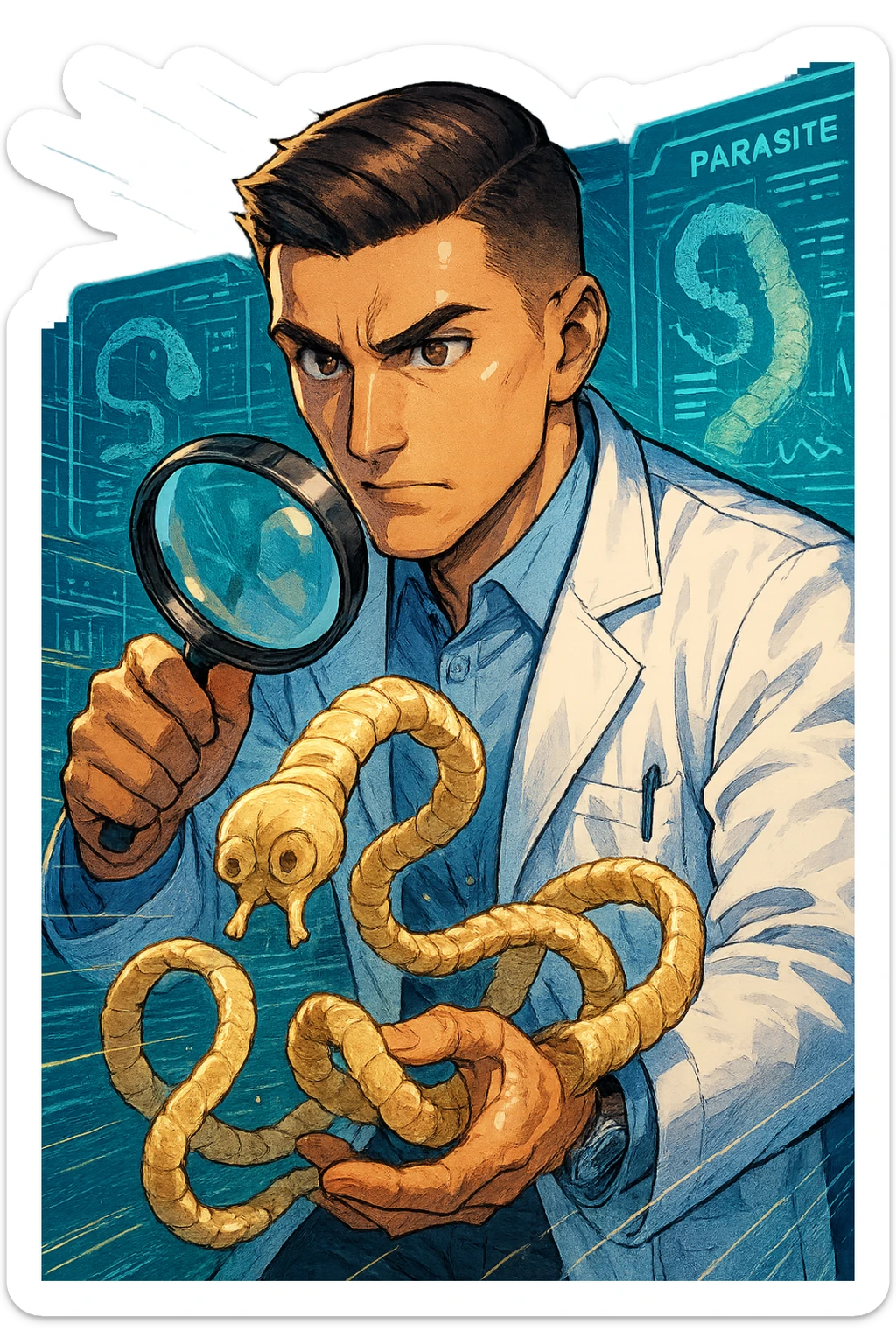 A dynamic manga/webtoon-style illustration of a young male kinesiologist wearing a clean white lab coat, analyzing light beige worms like a tapeworm under a magnifying glass. His expression is focused and slightly intrigued, with sharp, detailed eyes. The art style is vibrant, with bold linework, rich colors, and dramatic lighting. The background is a futuristic laboratory with glowing holographic screens displaying parasite data. The tapeworm is intricately drawn, slimy and segmented, with a slightly exaggerated yet realistic texture. The composition is dynamic, with motion lines or energy effects to emphasize his scientific investigation. The atmosphere is intense but not dark, keeping a balance between scientific seriousness and stylish manga aesthetics sticker