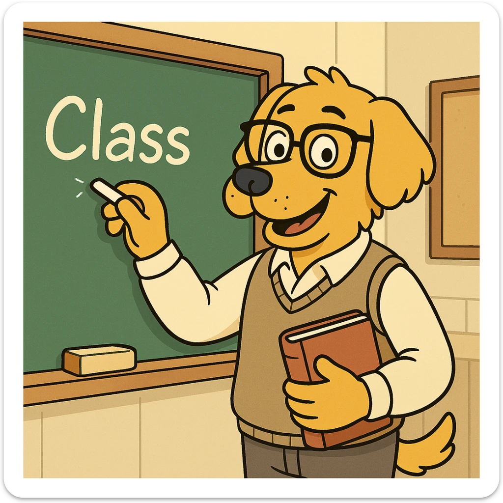 dog teacher in front of a classroom, writing on a chalkboard, wearing a vest and glasses, playful style, cartoonish and vibrant sticker