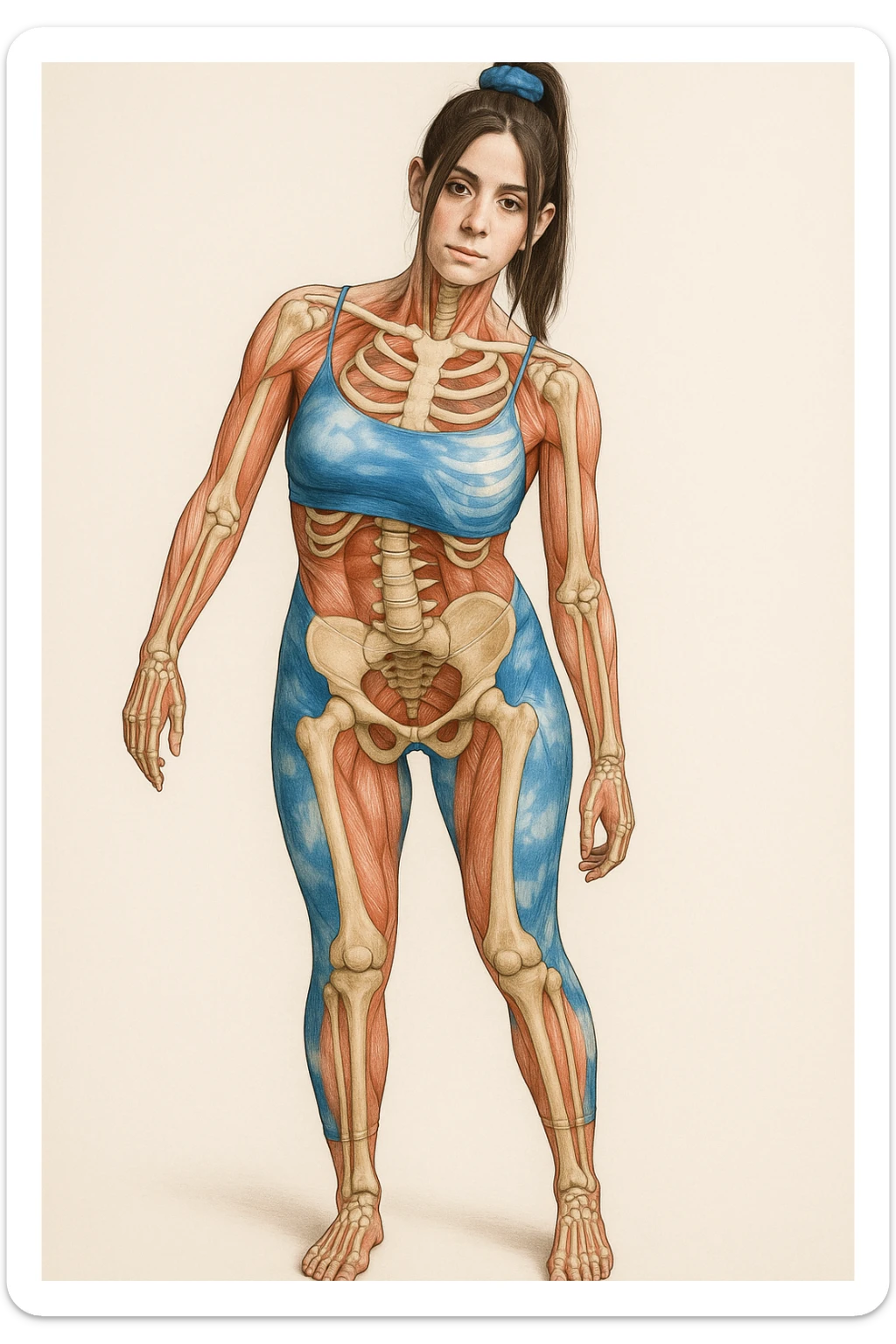 Donna in abbigliamento sportivo, postura asimmetrica, stile medico realistico, muscoli e ossa visibili, evidenzia la compressione delle coste sul lato corto, sfondo neutro, formato verticale. sticker