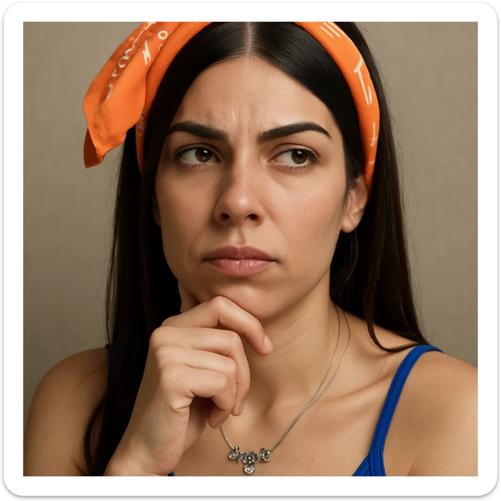 Donna pensierosa con mano sotto al mento, ispirata al riferimento, espressione riflessiva, dettagli iperrealistici 4K, sfondo neutro, in a hyperrealistic style. sticker