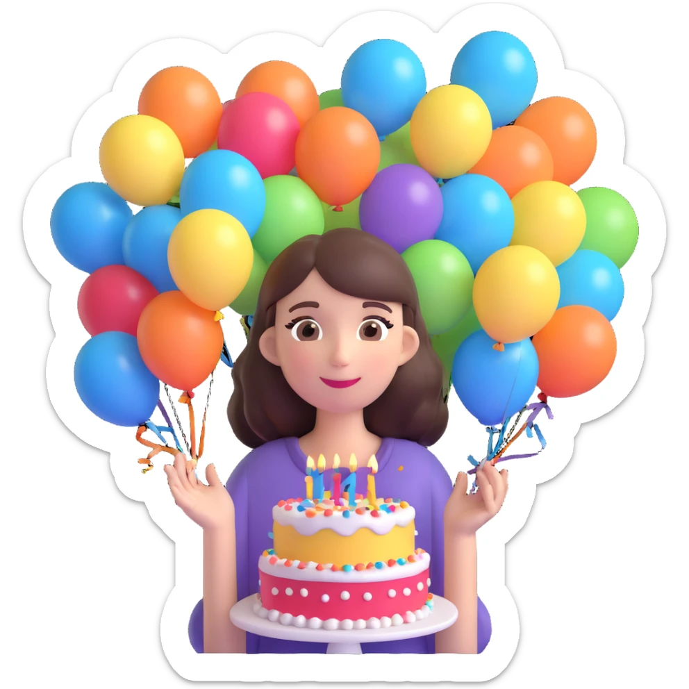 brunette girl with balloons and birthday cake, cheerful, confetti, party atmosphere sticker
