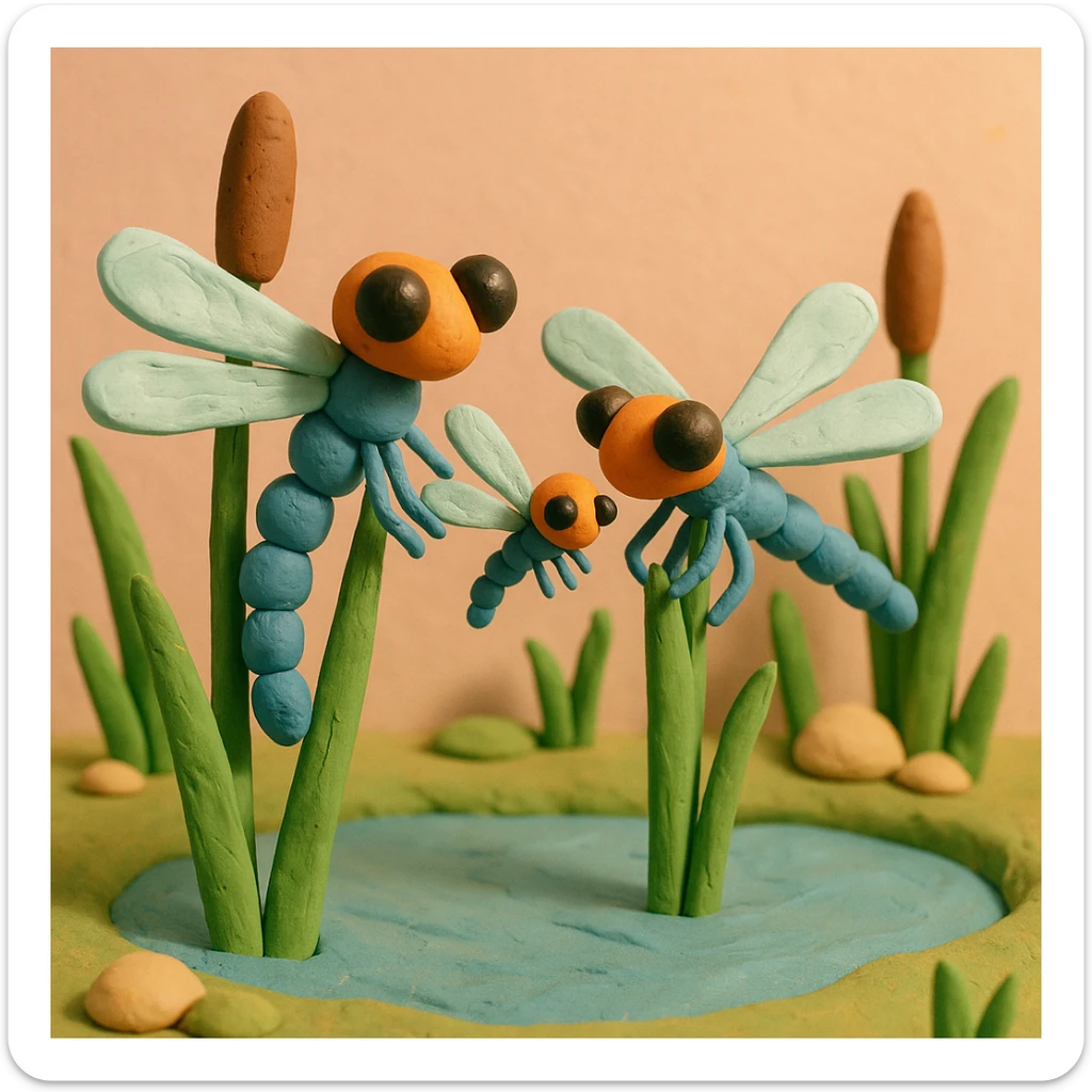 claymation style dragonfly family resting on reeds by a pond, parents and baby dragonflies, pastel background sticker