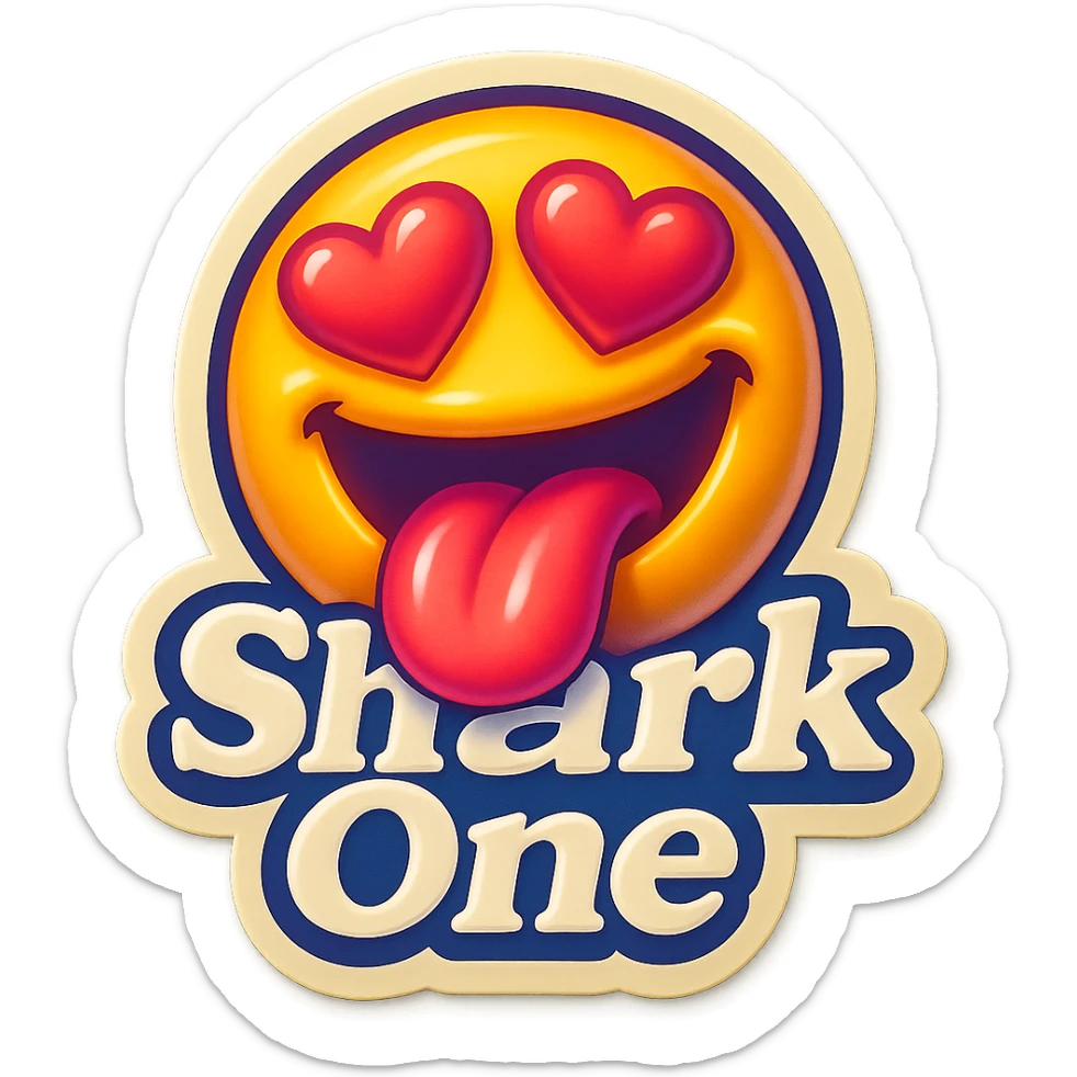 mouth open with tongue out heart shaped eye add the words “ Shark One " in White sticker