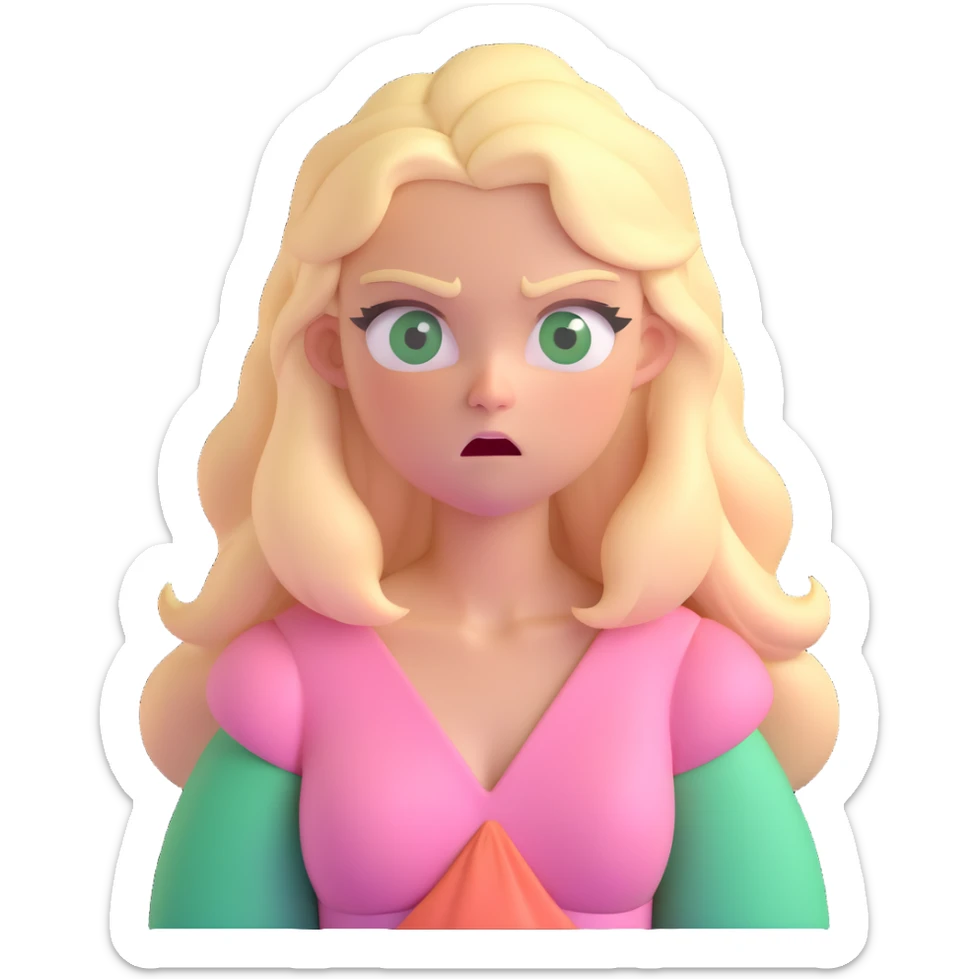 a 3d IOS realistic style emoji of a blonde with long hair and swamp eyes in a pink pastel dress angry sticker