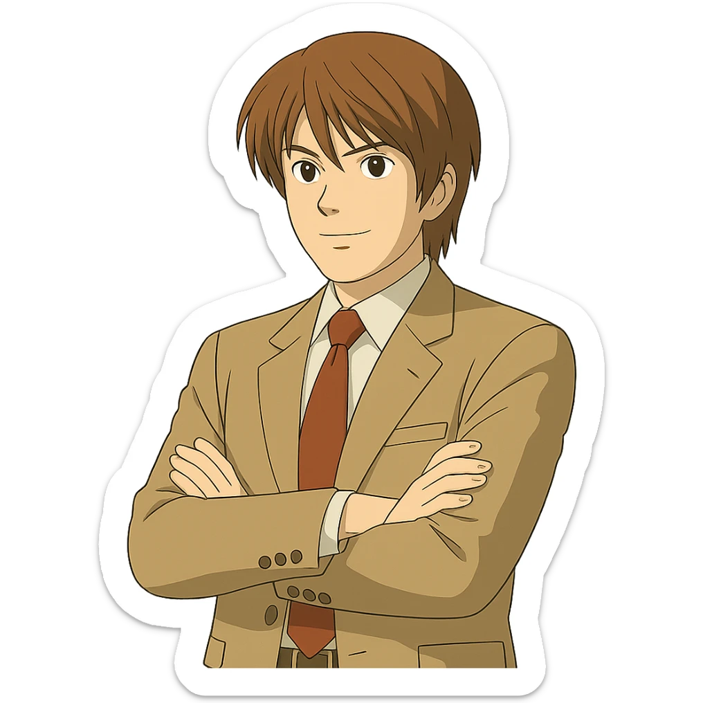 Create an exact Light Yagami in Ghibli style, standing with arms crossed, wearing the same suit, and showing the same confident expression. Match the face, hair, and suit details exactly to the reference image. Transparent background. sticker