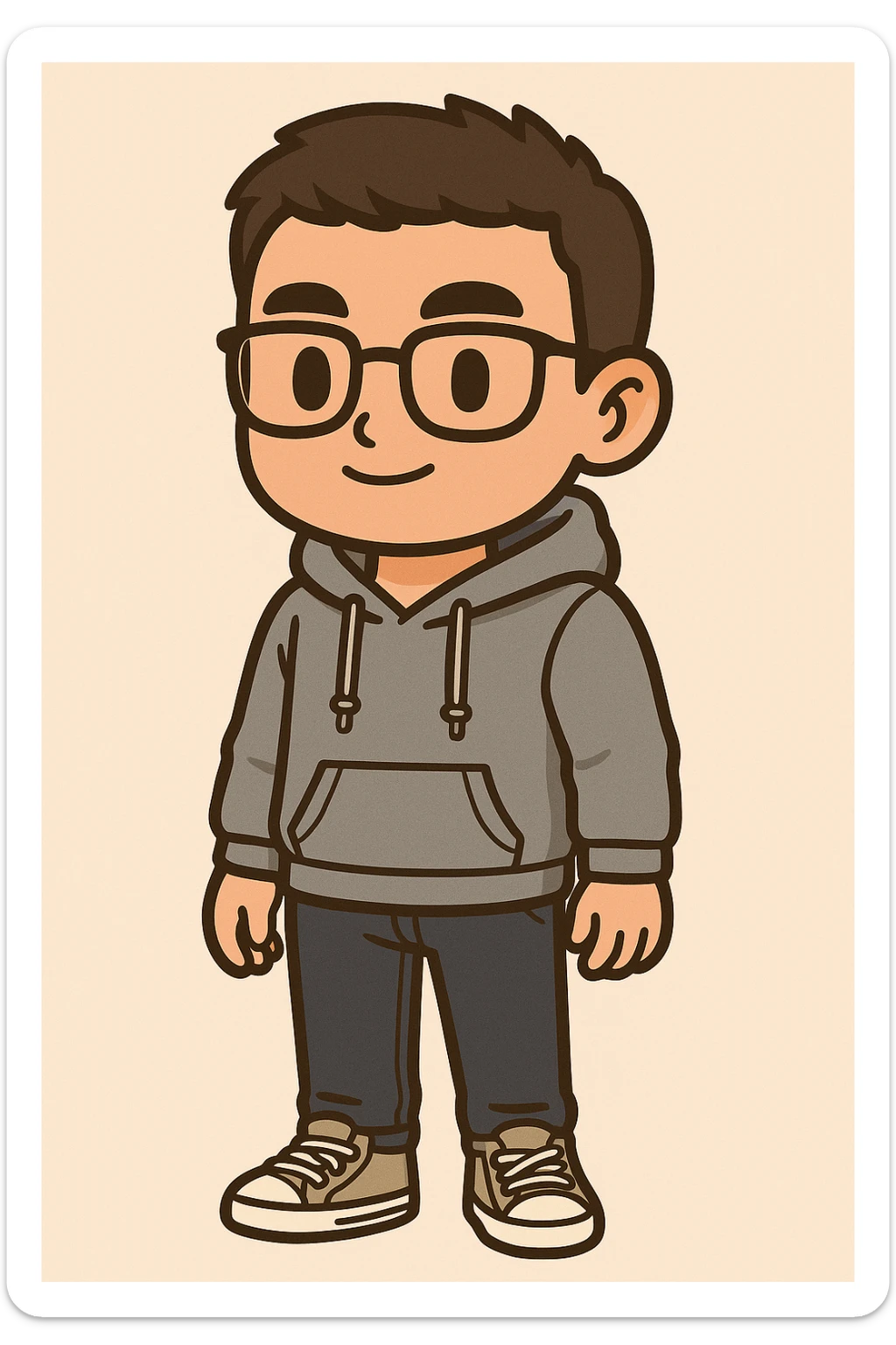 Full body illustration of a young, strong man with short dark hair and glasses, wearing a hoodie and All Star style sneakers. The style is cute, cartoon, and simplified like chibi stickers, showing the entire body including feet, with bold black lines and soft colors. sticker