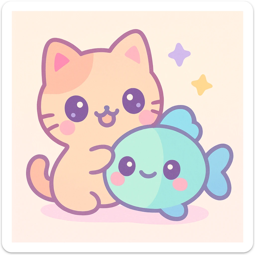 a cat and a fish together, playful and cute, in a fun kawaii style sticker