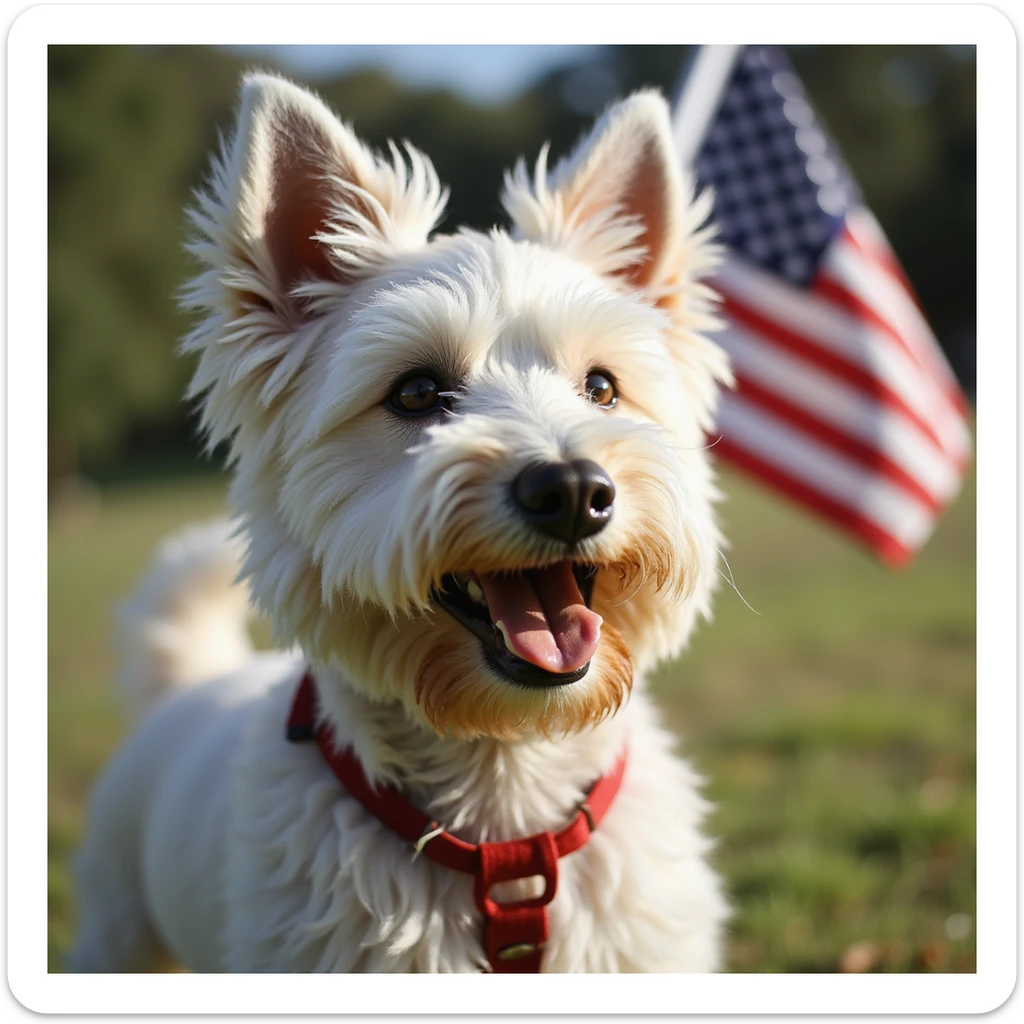 photorealistic Westie dog waving a US flag outdoors on a sunny day with realistic lighting and natural fur texture sticker