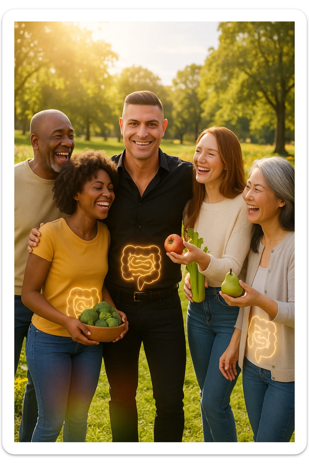  a smiling man stands at the center of a group of diverse, happy people in a bright park. Everyone has a subtle, glowing outline around their abdominal area, symbolizing a healthy gut. The group is laughing, sharing fresh fruits and vegetables, and the atmosphere is vibrant and full of energy. sticker