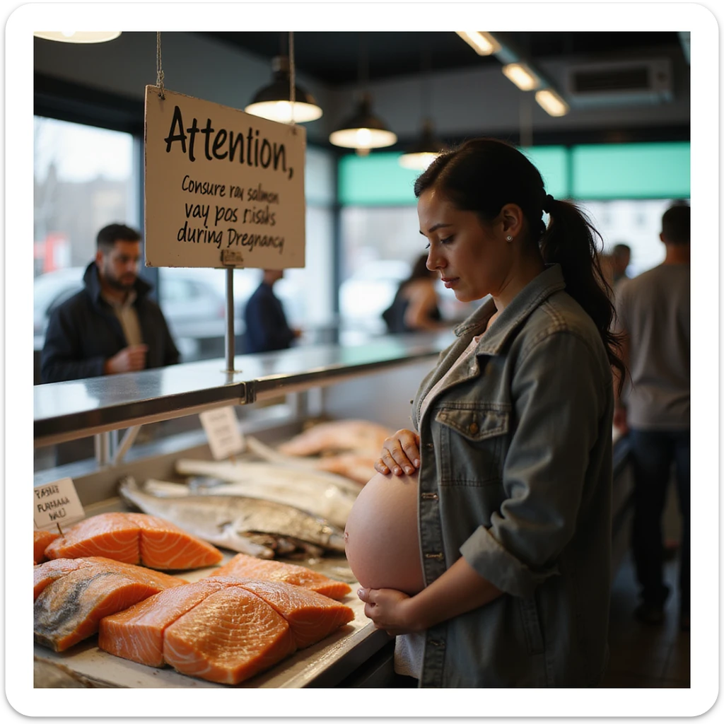 realistic pregnant woman in 4K reading a sign in a fish market that says: 'Attention, consuming raw salmon may pose risks during pregnancy' sticker