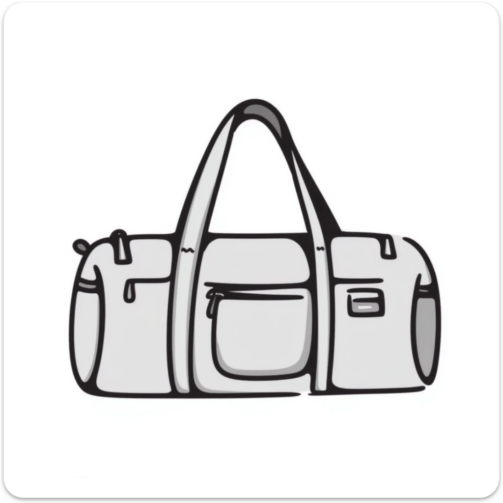 A sports duffel bag with straps and pockets in pastel colors (dd9fb0, ffc6d3, a3bfc9, c4bee2, f1b091), hand-drawn doodle style sticker
