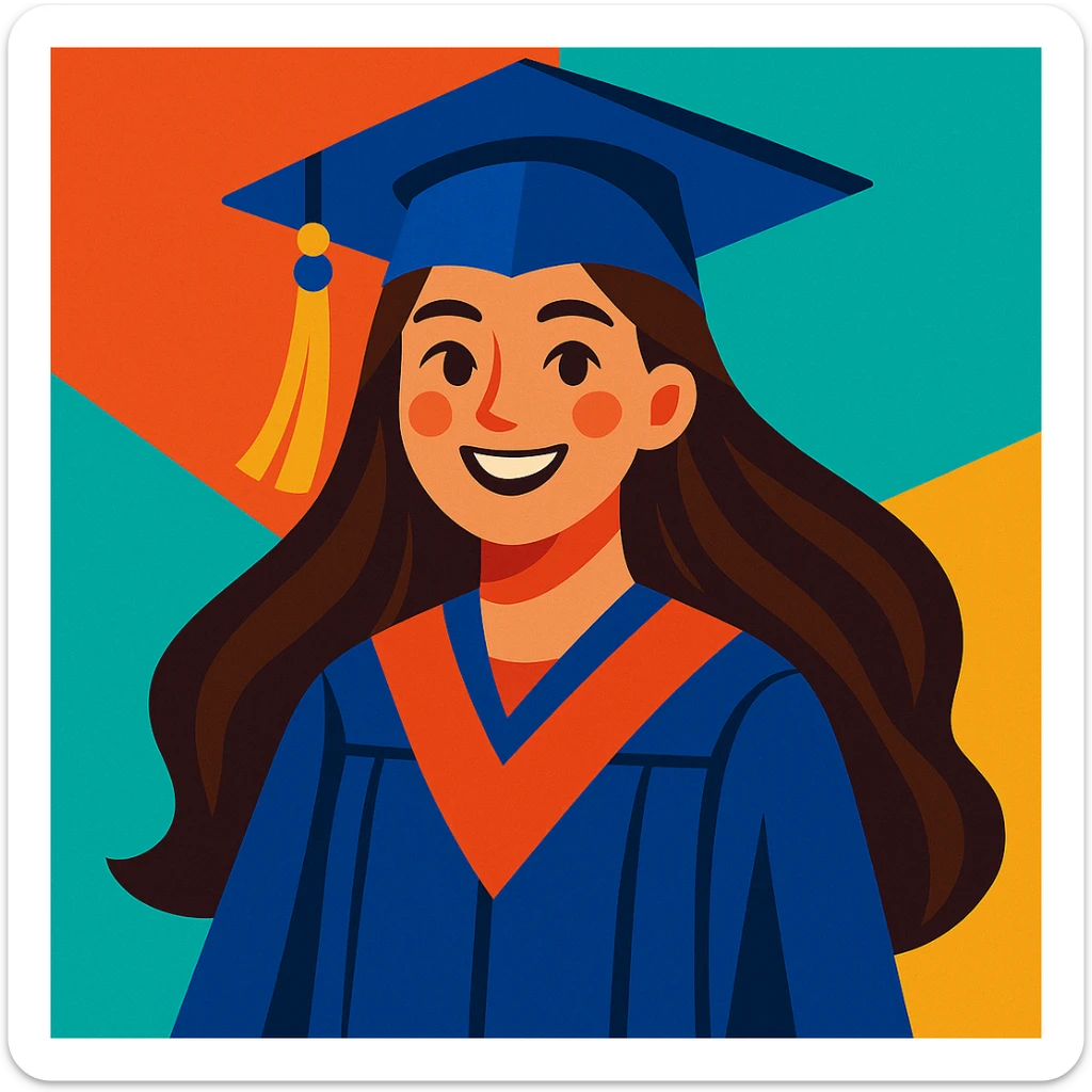 girl with long brown hair smiling wearing graduation hat and robe, vibrant colorful style sticker