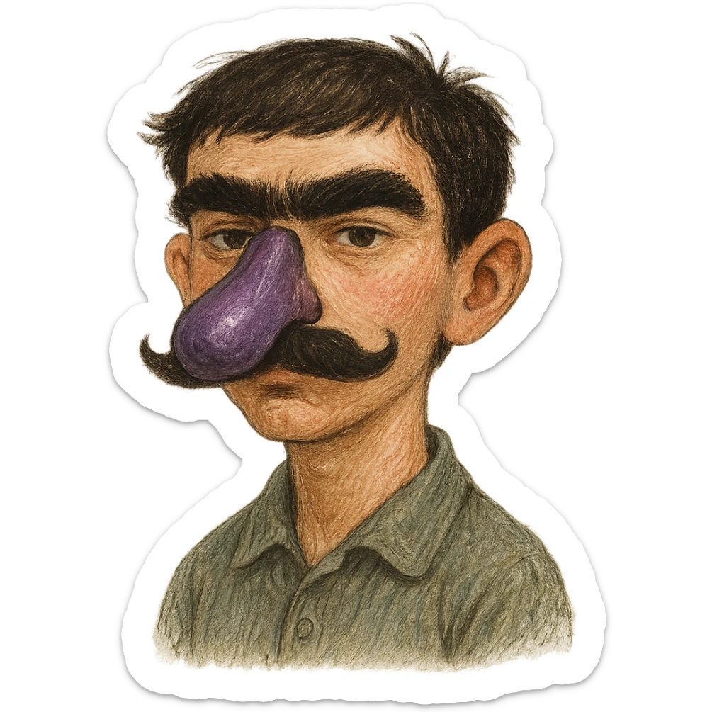 portrait of a boy with an eggplant-shaped nose, mustache, and unibrow, different artistic styles sticker