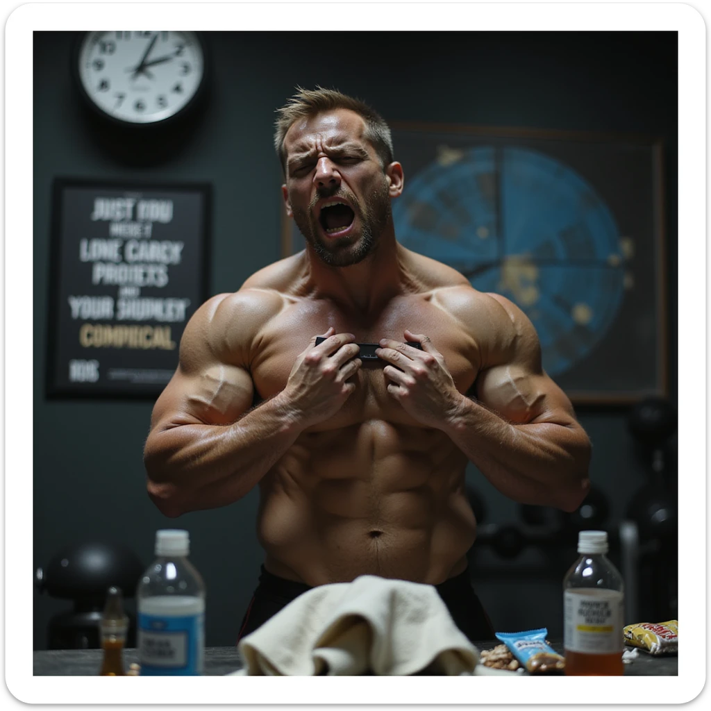 hyperrealistic 4K image of a muscular man in his 30s breathing heavily, panic and stress in his eyes, checking heart rate monitor, gym equipment scattered, gym towel wrung out, empty bottles and protein bar wrappers, veins bulging, harsh lighting, gym clock shows late hour, motivational poster sticker