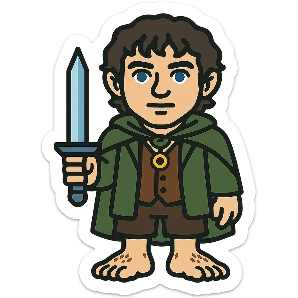 Whole body image of Frodo Baggins from the lord of the rings movie in pixel art style. Make Frodo look like the actor that portrayed him in the movie, Elijah Wood, blue eyes and dark curly hair. Frodo is wearing the same green elven cloak with the leaf buckle, brown vest, cream undershirt, dark brown leather short pants, and hairy hobbit feet. He is wearing a golden yellow ring on a necklace. he's also holding the same blue sword that bilbo is holding in the reference image. sticker