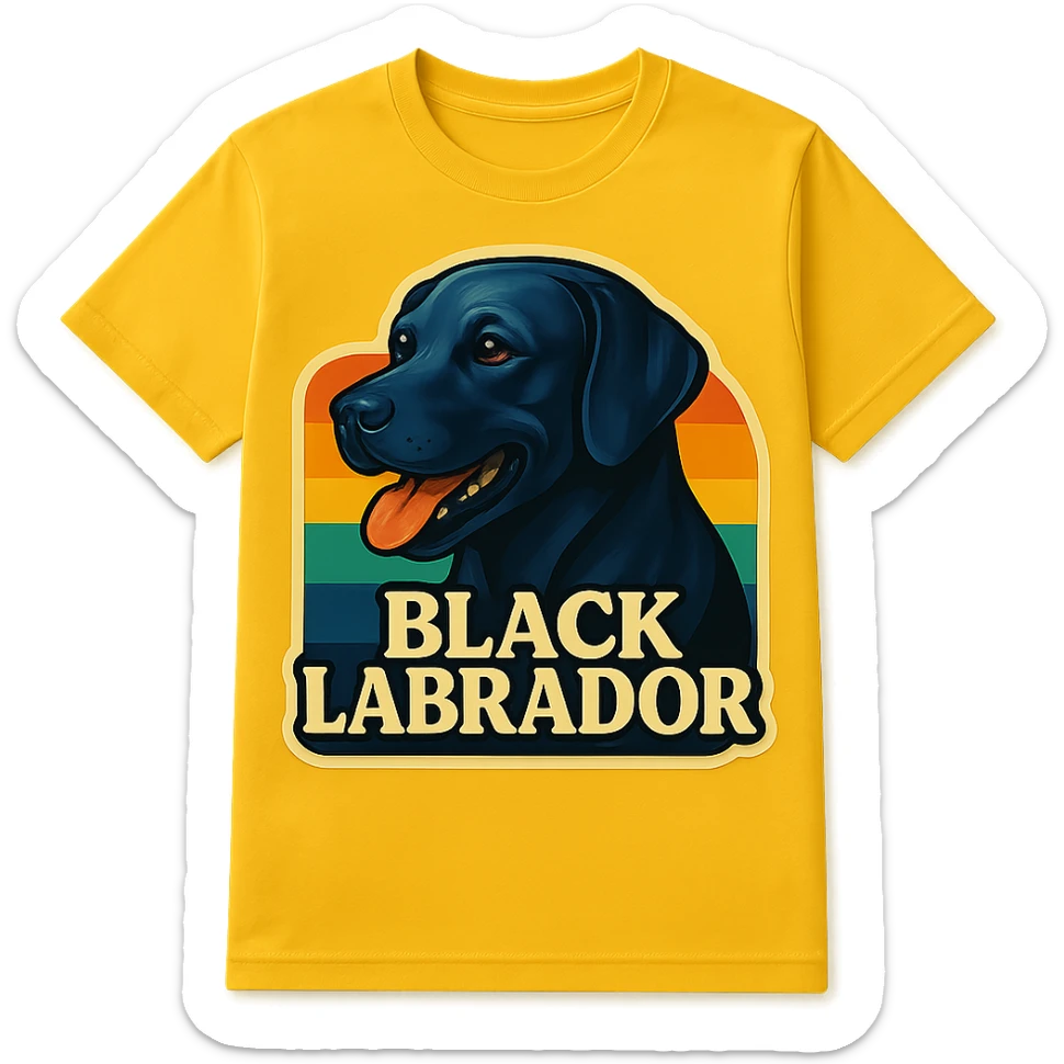 Place the black labrador retriever graphic on a yellow t-shirt, preserving the vintage retro style with classic colors and nostalgic design elements. sticker