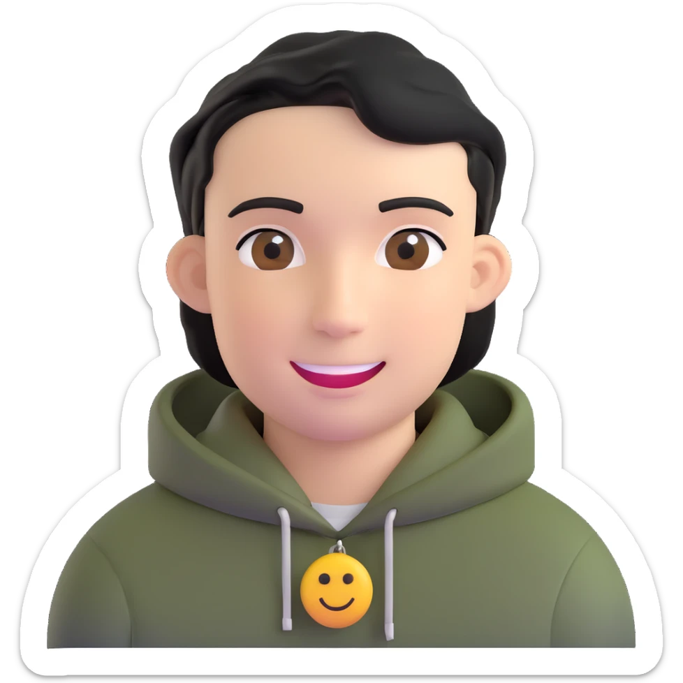 man with smiley face, black hair military cut, brown eyes, wearing 2 circle earrings and a black hoodie sticker