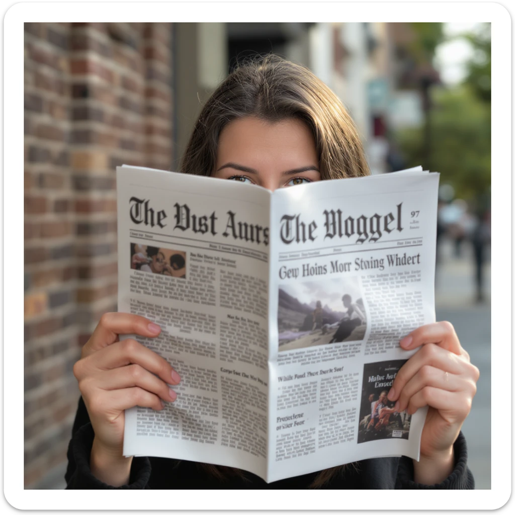 a person holding a newspaper up to their face as if reading, only hands and newspaper visible, photorealistic, natural light sticker