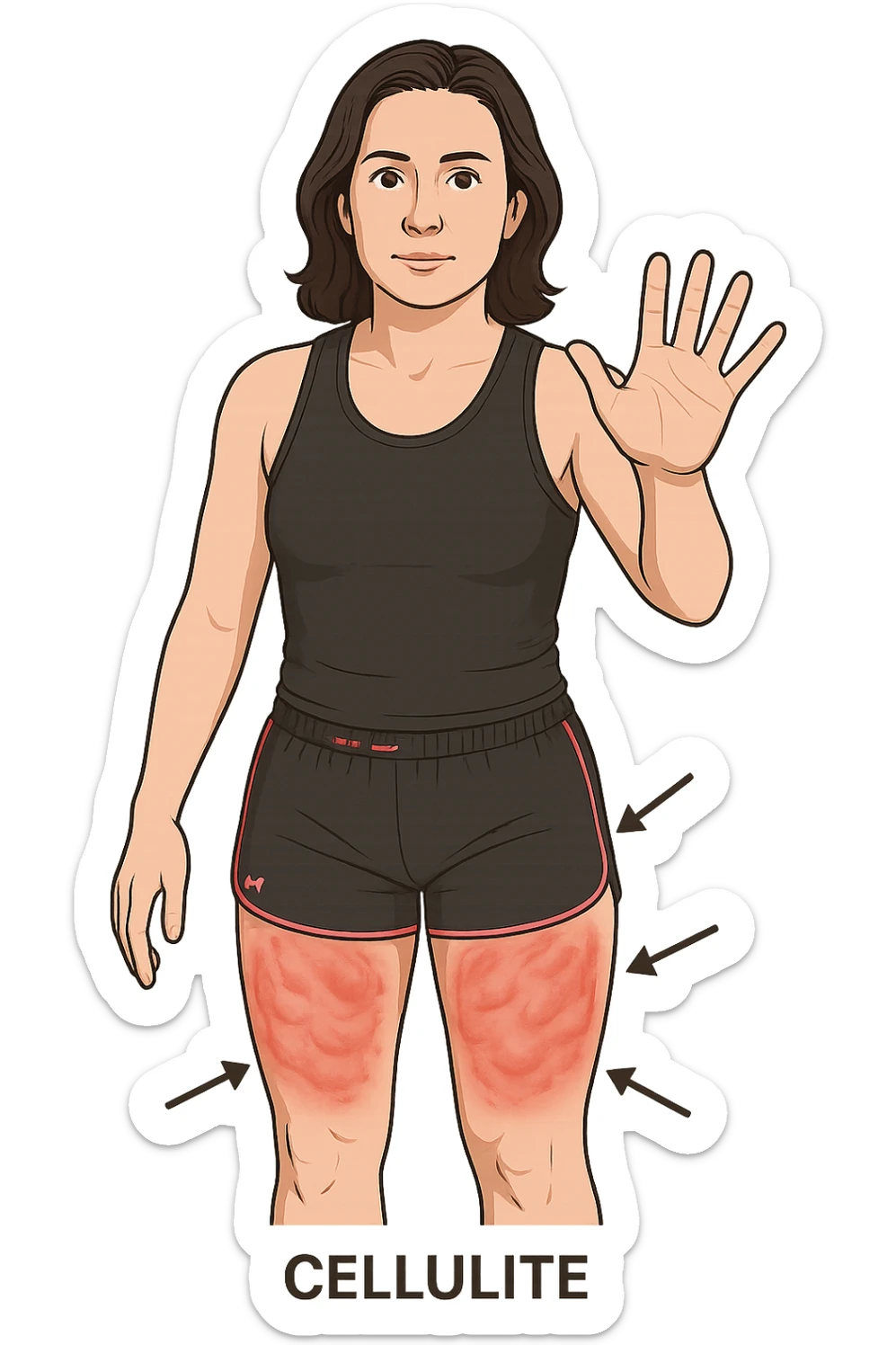 Donna con cellulite sulle cosce indica le cosce che sono infiammate di cellulite con frecce ad indicare  sticker