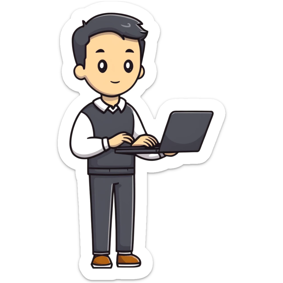 full body male teacher in casual clothes holding a laptop sticker
