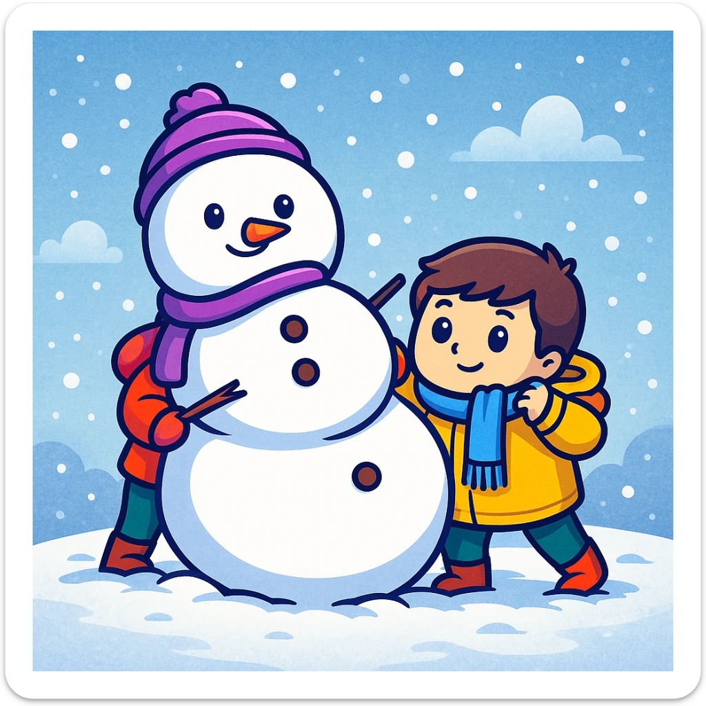 Add a snowy background behind the kids building a snowman, keep the original sticker style sticker