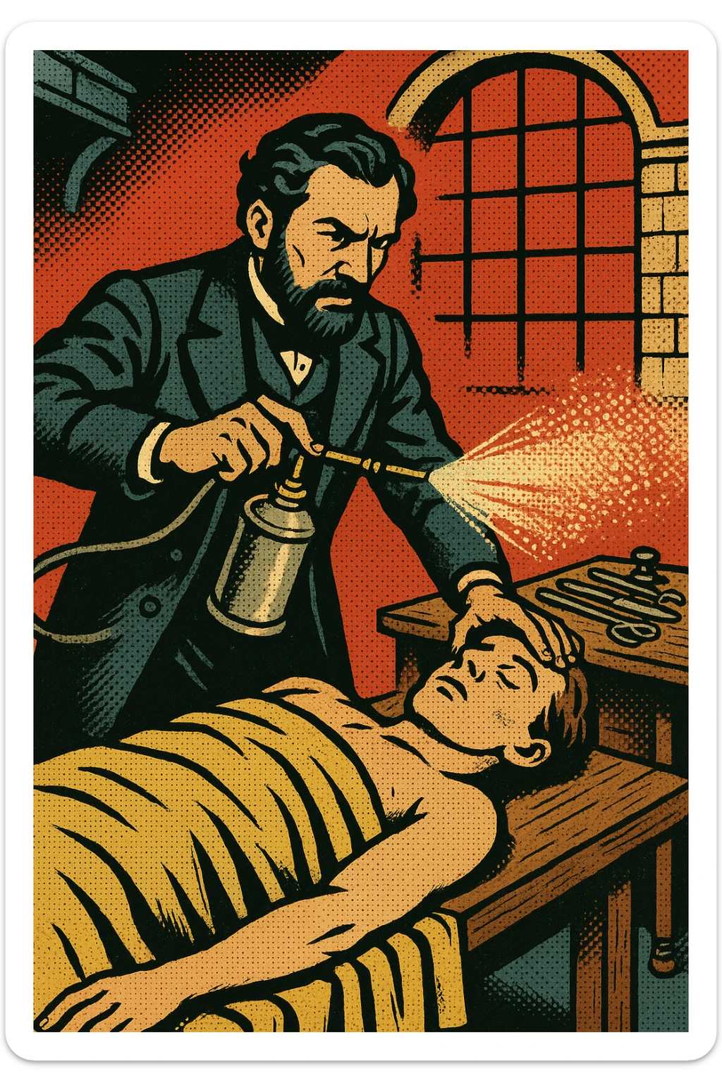 A victorian surgeon like Joseph Lister using a carbolic acid spray during an operation on a patient who is on a wooden operating table. There are surgical tools on a bench to the side and this takes place in a victorian operating room sticker