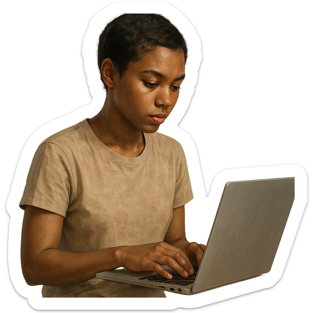 A young woman with short dark hair and a dark skin tone, focused on her laptop, minimal background, realistic style, natural lighting, detailed sticker
