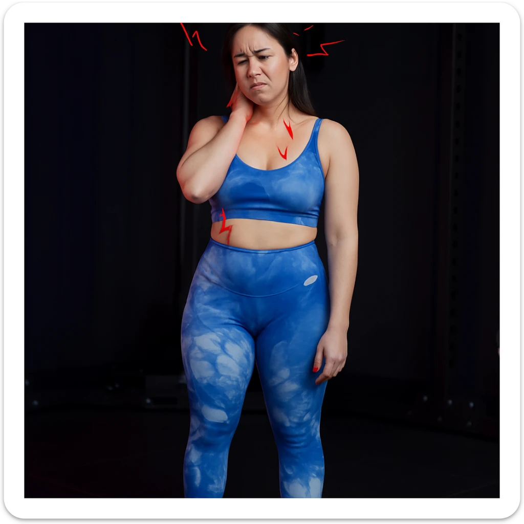 Realistic style edit of the girl identical to the photo with an expression of neck pain and headache: hand on neck, suffering face, pain symbols like red lines or lightning on neck and head. sticker