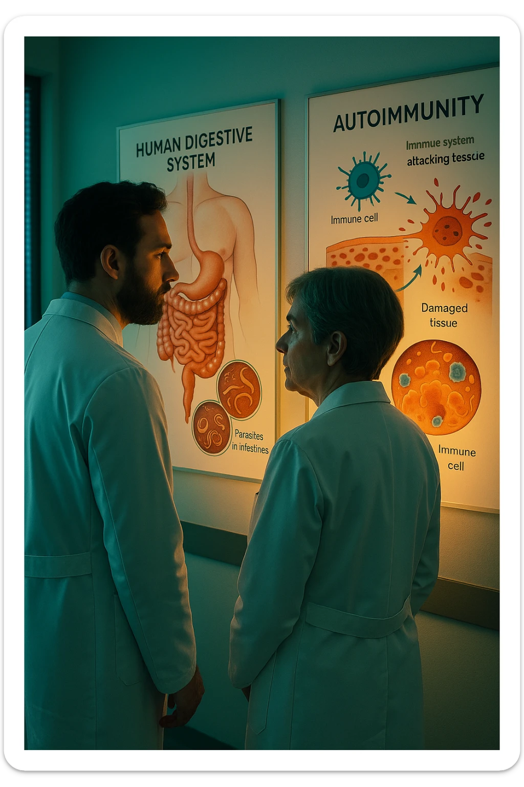 Realistic, detailed photo taken from behind of two doctors—a bearded man and a middle-aged woman—standing side by side in a modern medical office, intently studying a large, illuminated medical chart on the wall. The chart displays a detailed diagram of the human digestive system, highlighting the intestines and showing microscopic images of intestinal parasites. Next to it, another chart illustrates the immune system attacking healthy tissues, visually connecting gut parasites to autoimmune disease mechanisms. The room is bathed in a single green-blue color, with a warm, yellow-orange light casting soft shadows around the doctors. Both wear white coats and have serious, focused expressions, suggesting a deep discussion about the root causes of autoimmune conditions. Shot with a Canon EOS R5, with high detail, natural depth of field, and a clinical yet dramatic atmosphere. sticker