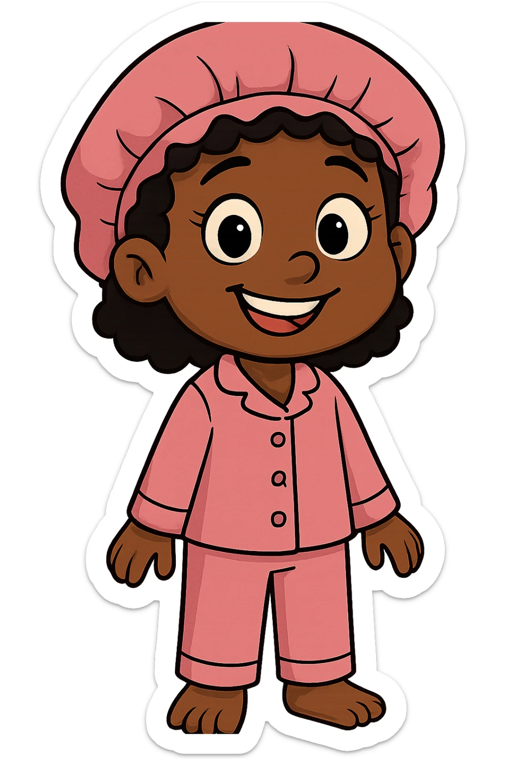 cartoon style smiling black girl in pink pajamas and a pink satin bonnet, no background sticker