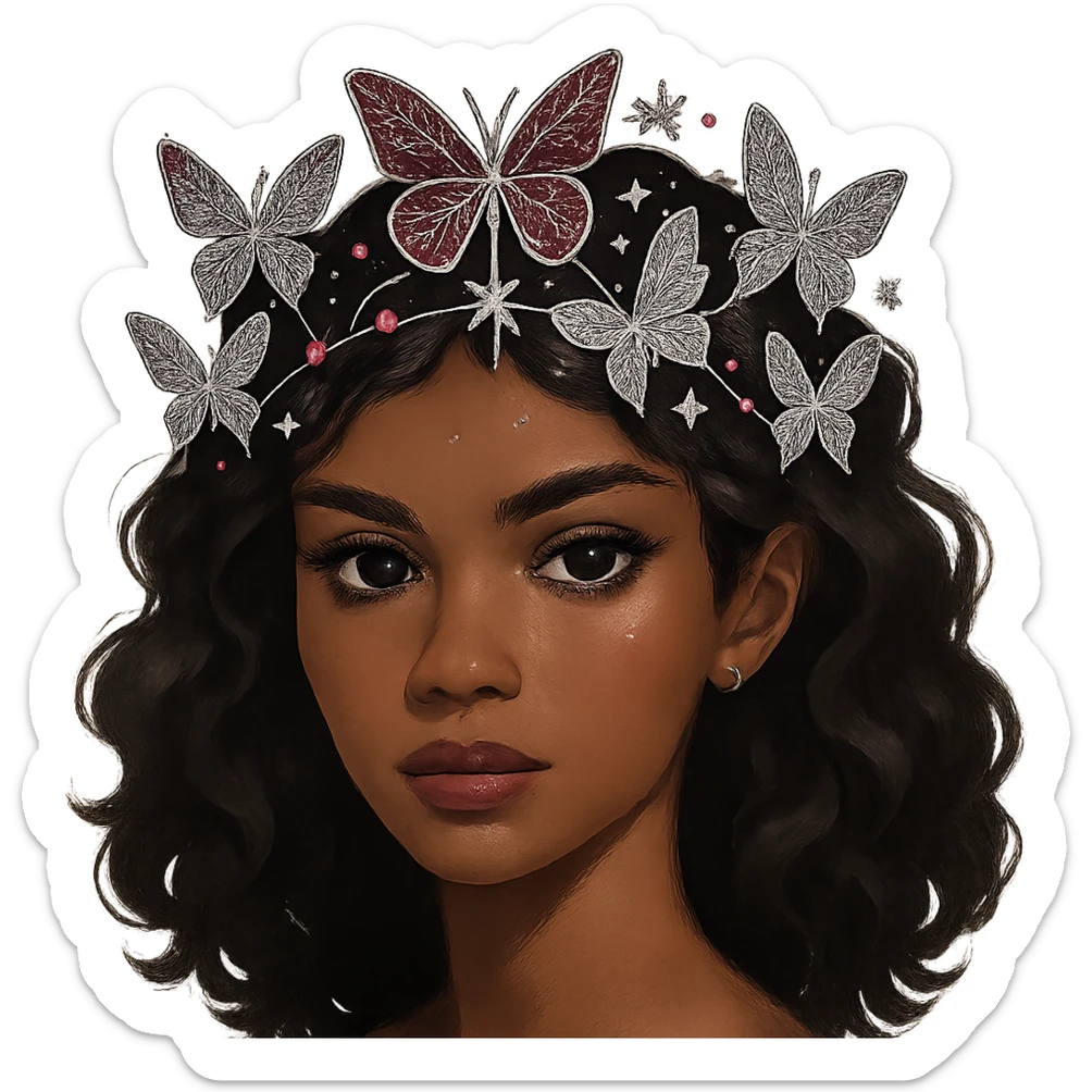 Change the butterfly crown to sapphire pink with silver butterflies and star accents, celestial and bold. Keep the background transparent. sticker