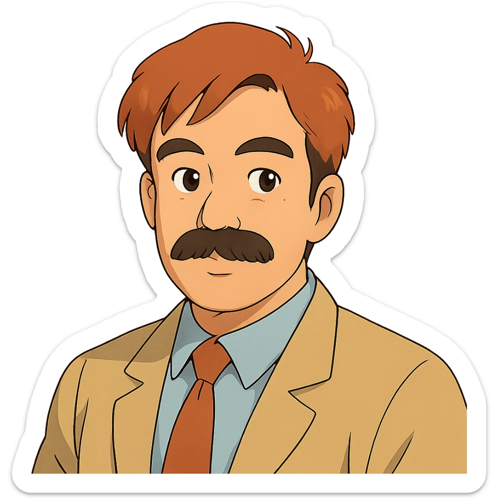 asian man with black mustache and red hair, 90's anime style portrait, ghibli style sticker