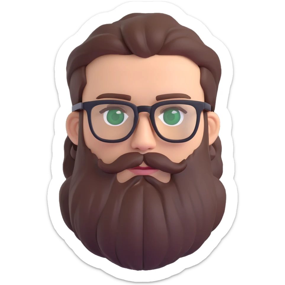 white male mid 30s green eyes black square glasses long brown beard with short brown hair sticker