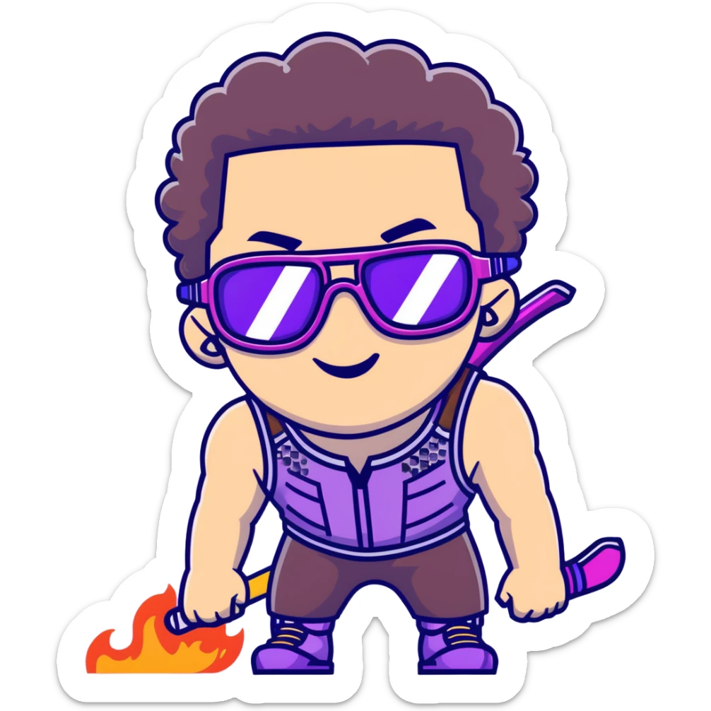 close-up of cool guy male athlete with white skin and moderately curly dark brown hair on top with shaved sides, with one purple ski goggle lens pushed up above his eyes on his forehead, sticking his tongue out of his mouth, a simple plain black chain necklace, and a completely unzipped sleeveless vest with purple and black sequin fire pattern design with no logo sticker