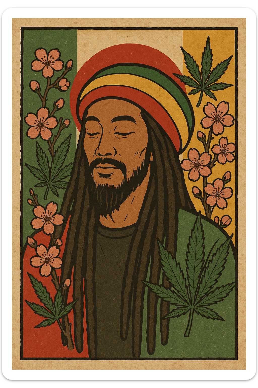 Vintage poster of an Asian Rasta with long dreadlocks, peaceful eyes, and a red-gold-green tam. Surrounded by cherry blossoms and ganja leaves. Background blends Rasta colors into an Asian flag (e.g., red sun from Japan or Chinese star). Retro reggae fusion vibe, with bold lines and aged paper texture.
 sticker
