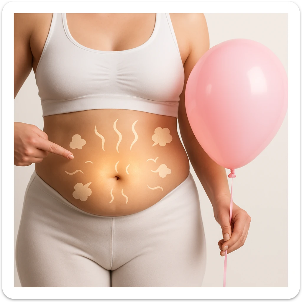 Realistic style edit of the woman identical to the photo with a protruding abdomen. Include symbols of bloating such as curved lines, small clouds, or a glow around the abdomen area. sticker