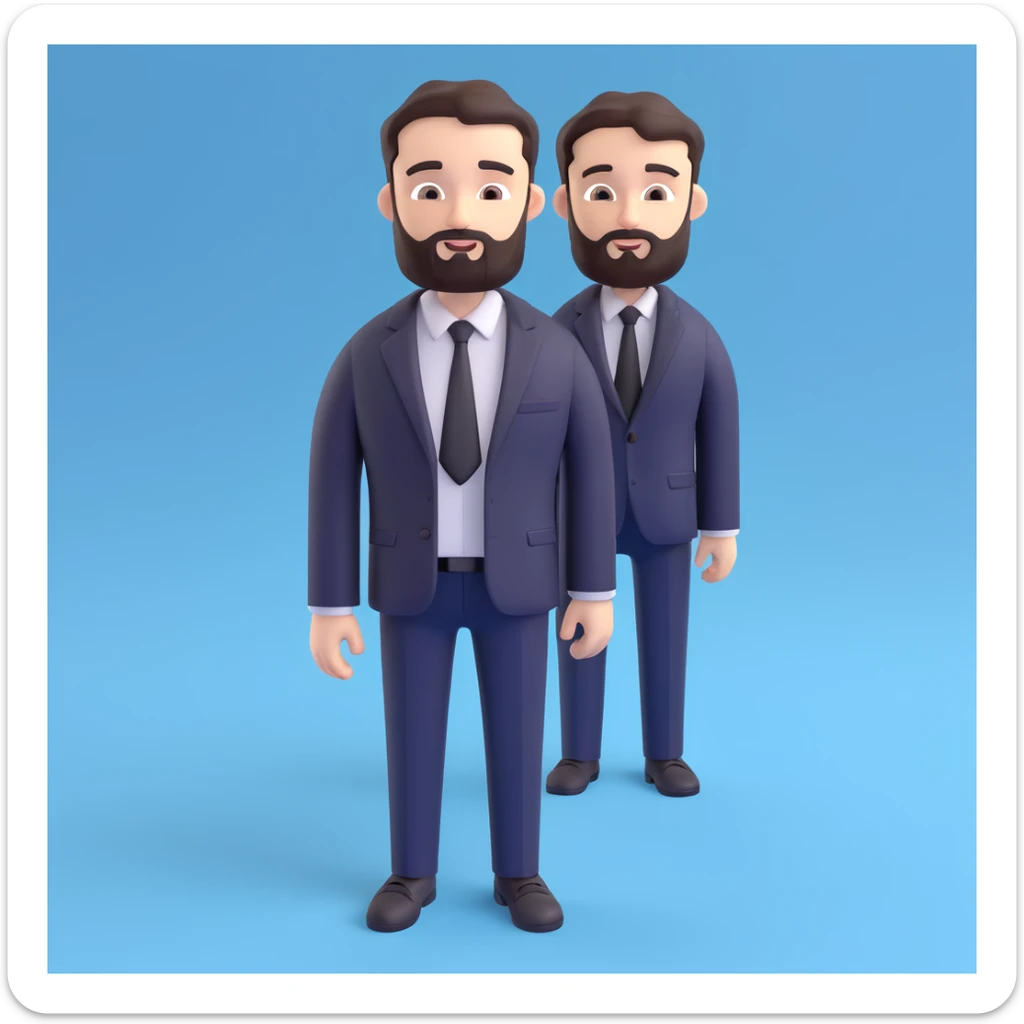 3D emoji style man with short dark hair and beard, wearing a black suit jacket and white shirt, standing in front of a blue background with a white laurel graphic sticker