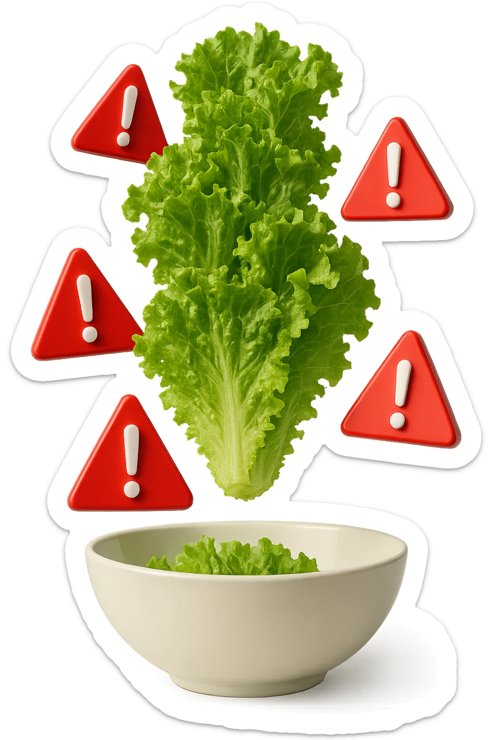 insalata che cade verticalmente in una bowl bianca insieme a segnali triangolari di pericolo con punti esclamativi rossi in 3d, iperrealistica 4k sticker