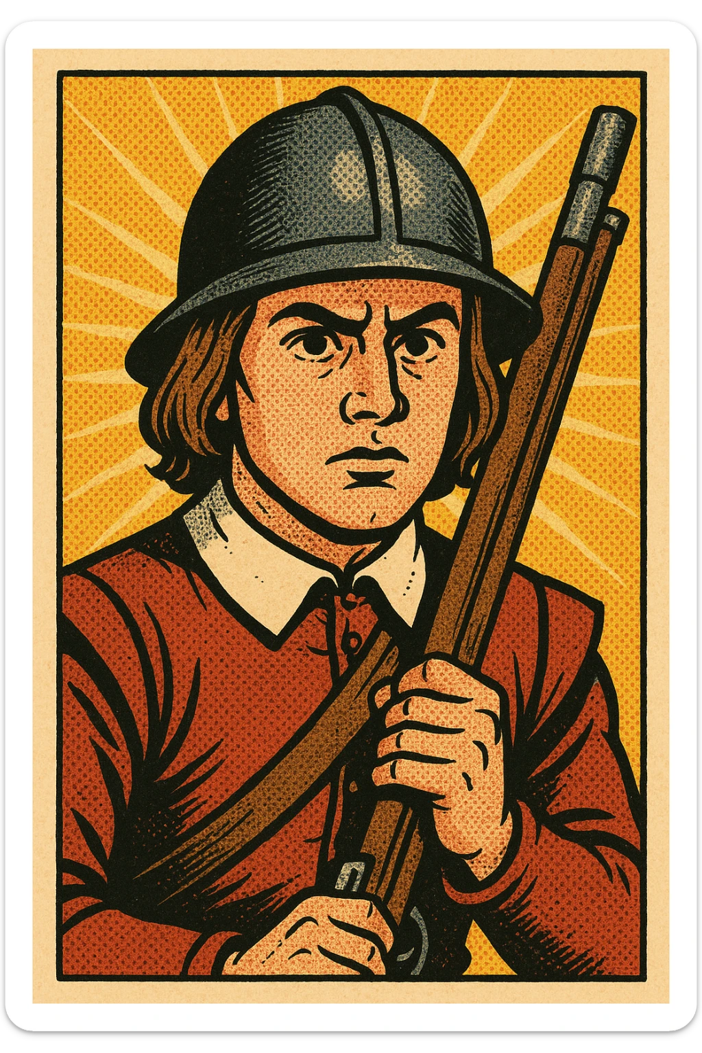 A young English roundhead soldier from the 1600s with a musket facing forward - face on sticker